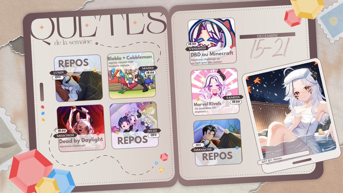 Voici le planning de la semaine du 15-21! ☄️

En esperant que la maladie me laisse tranquille pour pouvoir me donnez à fond sur les stream 🤍

Hate de vous retrouvez ✨
twitch.tv/ashyslashii

Art🎨: @/yngjiq490029454