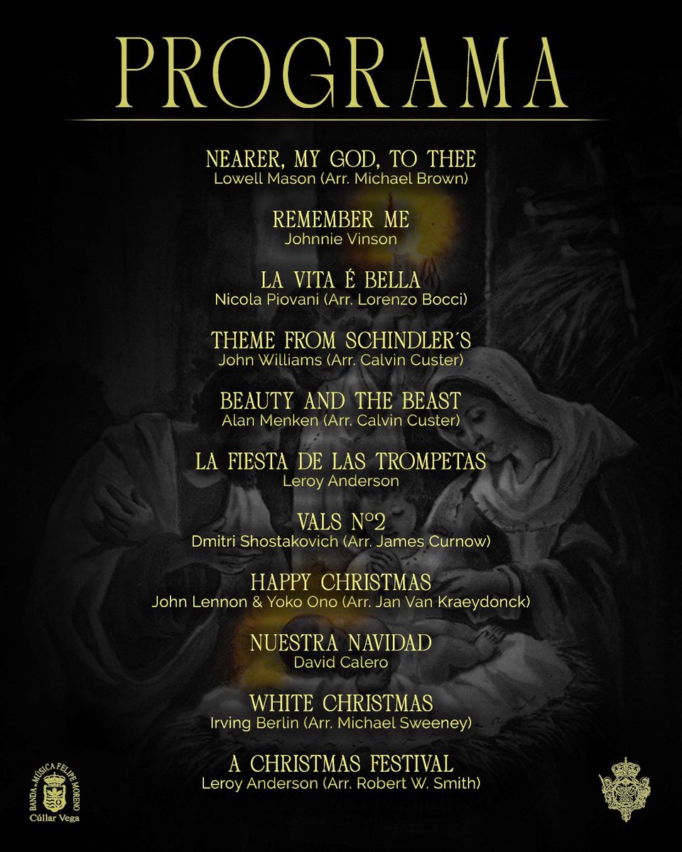 📑 Compartimos con vosotros el 𝒑𝒓𝒐𝒈𝒓𝒂𝒎𝒂 interpretado ayer en nuestro 𝐂𝐨𝐧𝐜𝐢𝐞𝐫𝐭𝐨 𝐝𝐞 𝐍𝐚𝐯𝐢𝐝𝐚𝐝 “𝐋𝐮𝐳 𝐝𝐞 𝐁𝐞𝐥𝐞́𝐧”.

Una selección de obras para pequeños y mayores que nos hicieron disfrutar de una fecha muy especial.

<a href="/estudiantesgrx/">Hermandad de los Estudiantes de Granada</a> | #SuenaCúllarVega