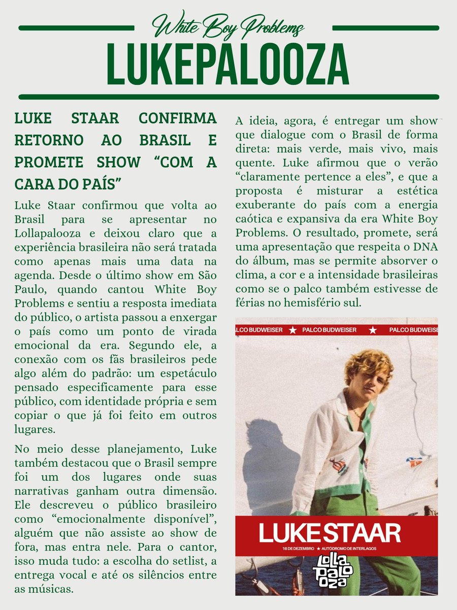 staarnation's tweet photo. White Boy Problems Journal 2.0 #3
"Luke volta ao Brasil, o país que de acordo com o próprio tem a mesma “energia”"
Read the full stories: https://t.co/ZKy2osY66c
#WhiteBoyProblems #StaarNation https://t.co/uGq0omk6zZ