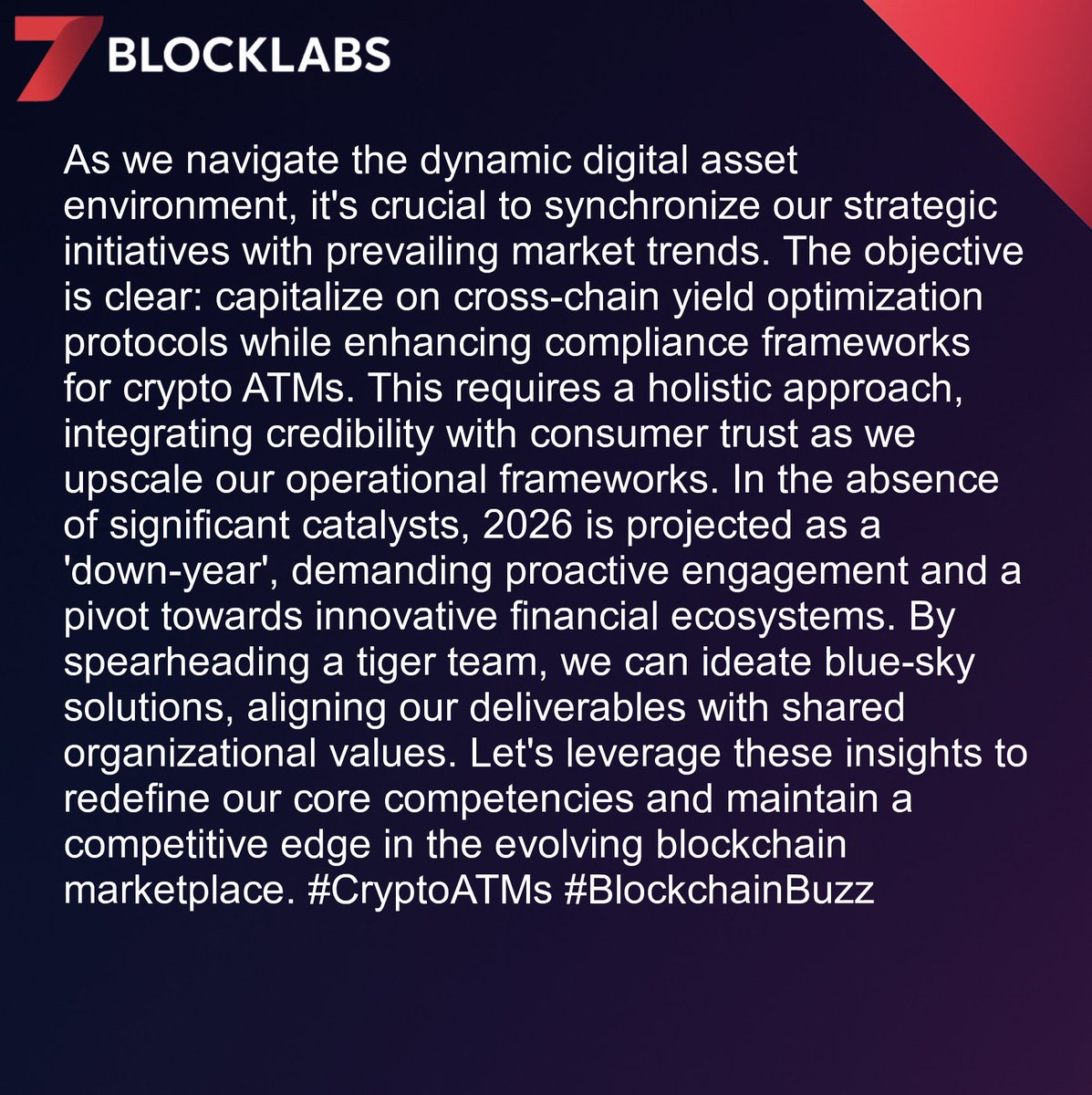 7blockLabs's tweet image. Engaging our synergy to optimize cross-chain yield paradigms. Current blockchain KPIs indicate a need for iterative compliance enhancement within crypto ATM ecosystems. Let's leverage this as a core competency for a seamless 2026 projection. #CryptoATMs #BlockchainBuzz