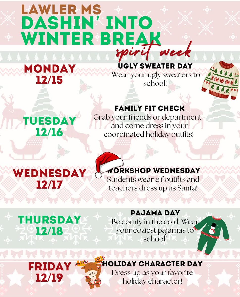 LawlerMS_FISD's tweet photo. ❄️✨ We’re Dashin’ Into Winter Break with the most LEGENDARY dress-up days! Can’t wait to see our Legends bring the spirit all week long. Let’s finish strong and have some fun! #DashinIntoWinterBreak #WeAreLegends #AlwaysLEGENDARY https://t.co/yafN5UpM6k