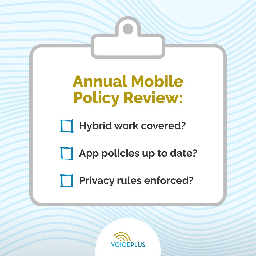 VoicePlusData1's tweet photo. Your mobile device policy isn’t a one-and-done document.

Review it yearly to stay covered: 
➡️ Hybrid work guidelines
➡️ New tech & app considerations
➡️ MFA + password best practices
➡️ Enrolment & decommission process
➡️ Privacy + data retention rules

One policy. Big impact. Want help reviewing your current policy? Book a consultation: https://t.co/0c3H03Ty6p