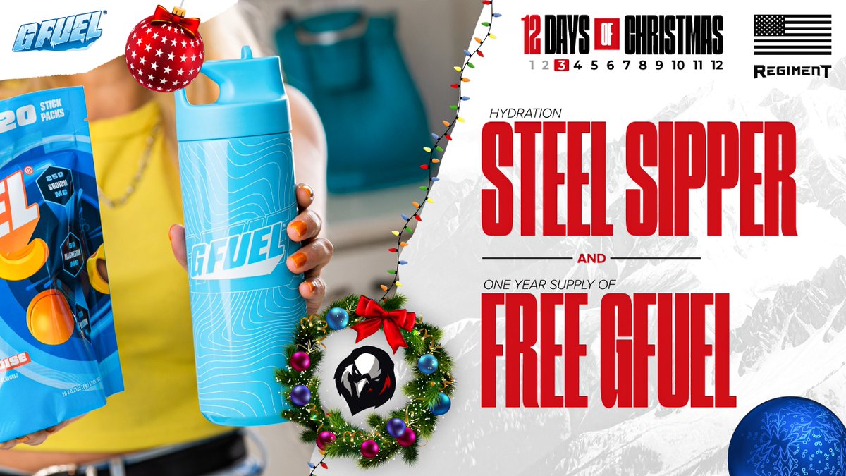 🎶 On the third day of Christmas, #GFUEL gave to me…a YEAR SUPPLY of energy! 🎶

🟥 Follow <a href="/RegimentGG/">REGIMENT 🇺🇸</a> | <a href="/GFuelEnergy/">G FUEL®</a>
🟩 RT / Like
🟥 Comment #12DaysofRG

#WeHaveYourSix | #12DaysofRG