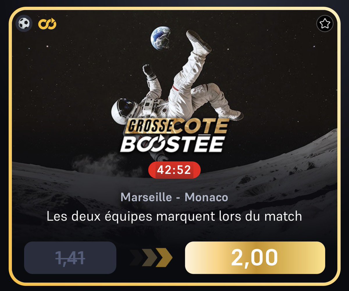JournalDuBet's tweet photo. ⚫️ BOOST W / ⚽️ 

🏆 16 ème journée de ligue 1

🏟️  Marseille - Monaco 

📈 *𝑷𝒐𝒕𝒆𝒏𝒕𝒊𝒆𝒍 𝑺𝑼𝑹𝑬𝑩𝑬𝑻

#TeamParieur https://t.co/wPemPkZjpq