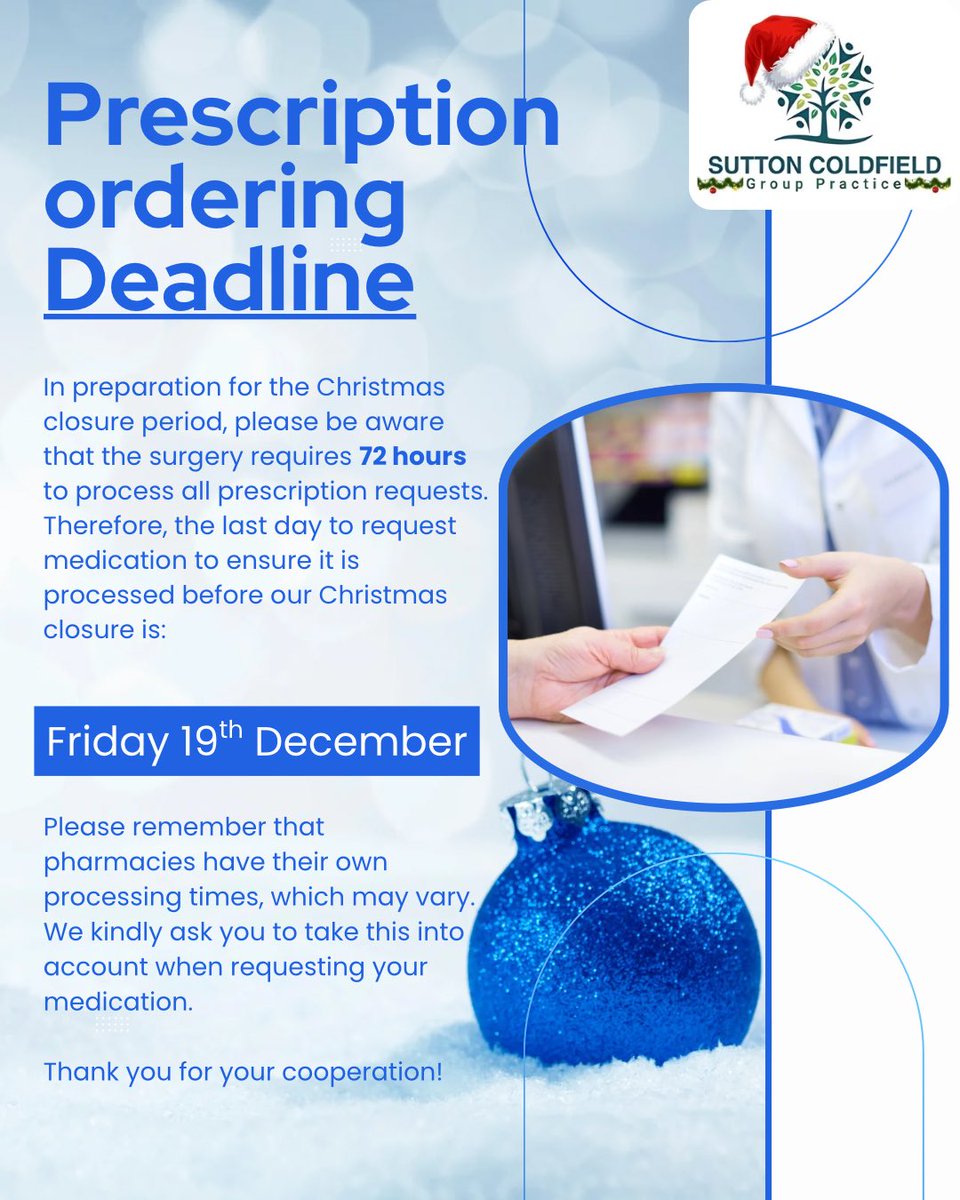 _SCGP_'s tweet image. Plan ahead for Christmas!🎄
Don’t forget to order your prescriptions by 19th December to avoid delays over the holidays. #scgp #suttoncoldfield