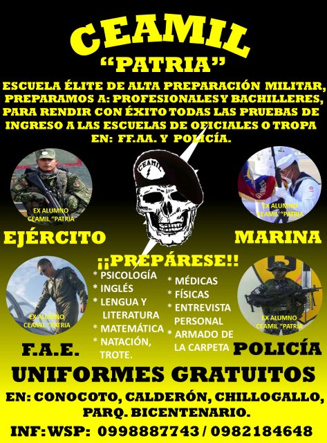 CEAMILECPATRIA's tweet photo. ESCUELA ÉLITE DE ALTA PREPARACIÓN MILITAR CEAMIL "PATRIA" PREPARAMOS A: PROFESIONALES Y BACHILLERES, QUE VAN A POSTULAR EL INGRESO A: EJÉRCITO, MARINA, FAE, POLICÍA, A LAS ESCUELAS DE OFICIALES O TROPA, PARA RENDIR CON ÉXITO LAS PRUEBAS: PSICOLÓGICAS, ACADÉMICAS, MÉDICAS, FÍSICAS https://t.co/egfGZdlrFU