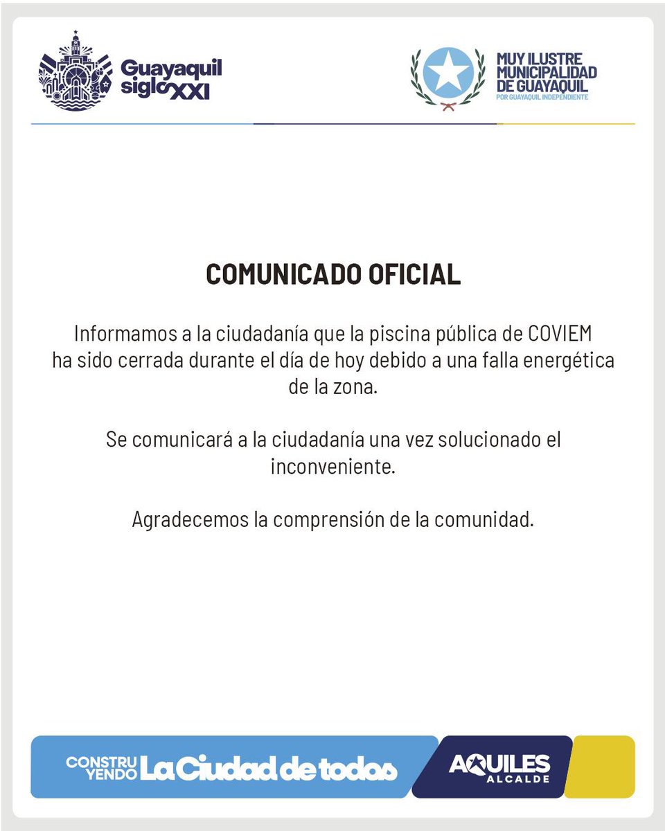 Informamos a la ciudadanía que la piscina pública COVIEM permanecerá cerrada por mantenimiento.

Agradecemos su comprensión.