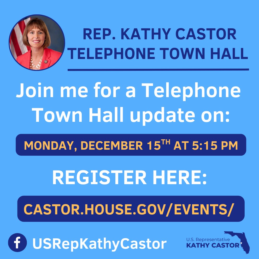 Join me tomorrow for a Telephone Town Hall to discuss President Trump’s harmful policies that are driving up the cost of living. 

RSVP here: castor.house.gov/events/