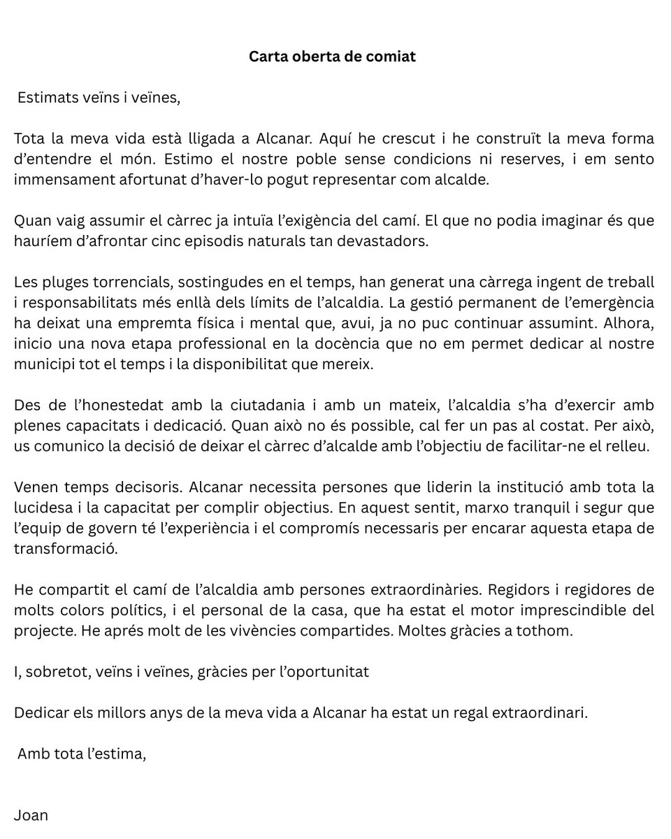 Comparteixo aquesta carta de comiat amb el cor ple d'agraïment i amb la il·lusió de començar una nova etapa. 

Disculpeu família i amics per totes les absències. Miraré de compensar-les.

Gràcies sempre per l'oportunitat.