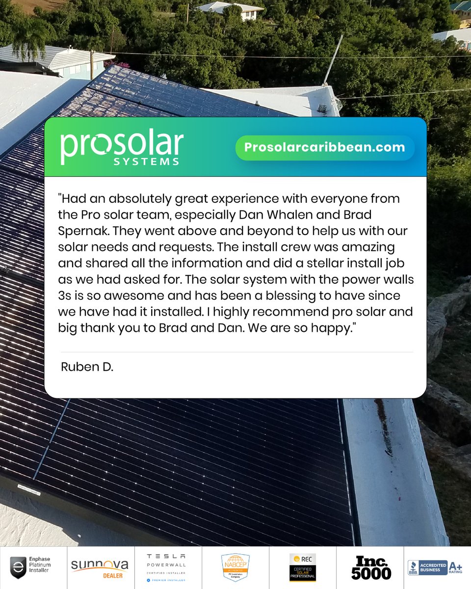 From consultation to install, Ruben’s experience with Dan, Brad, and our install crew shows what sets ProSolar apart.

Ready to make the switch?
📞 340.201.4752
🌐 prosolarcaribbean.com

#ProSolarCaribbean