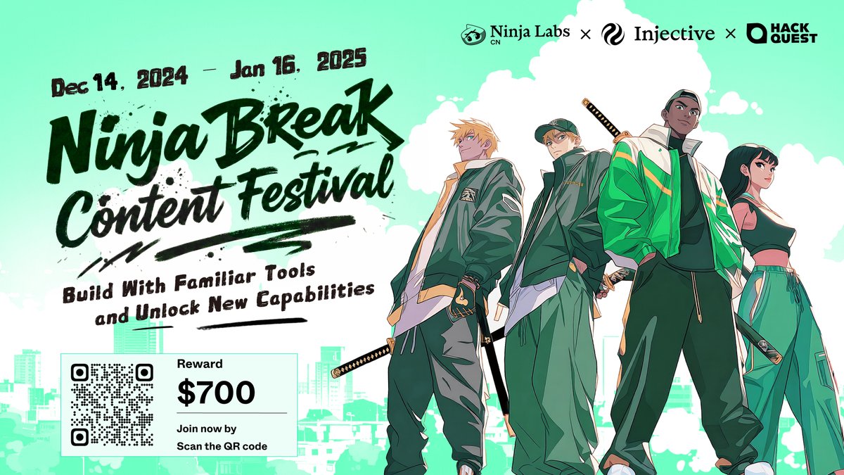 ✍️ Builders, let’s write.

Ninja Break Content Festival is here!

As <a href="/injective/">Injective 🥷</a>’s core community lab, <a href="/NinjaLabsCN/">Ninja Labs CN</a> &amp; <a href="/NinjaLabsHQ/">Ninja Labs HQ</a> are launching a writing contest for its recent expansion to full EVM support.

🗓️ Dec 14–Jan 16
🏆 $700 rewards

Learn more 👇
moonshotcommons.notion.site/Ninja-Labs-Wri…
