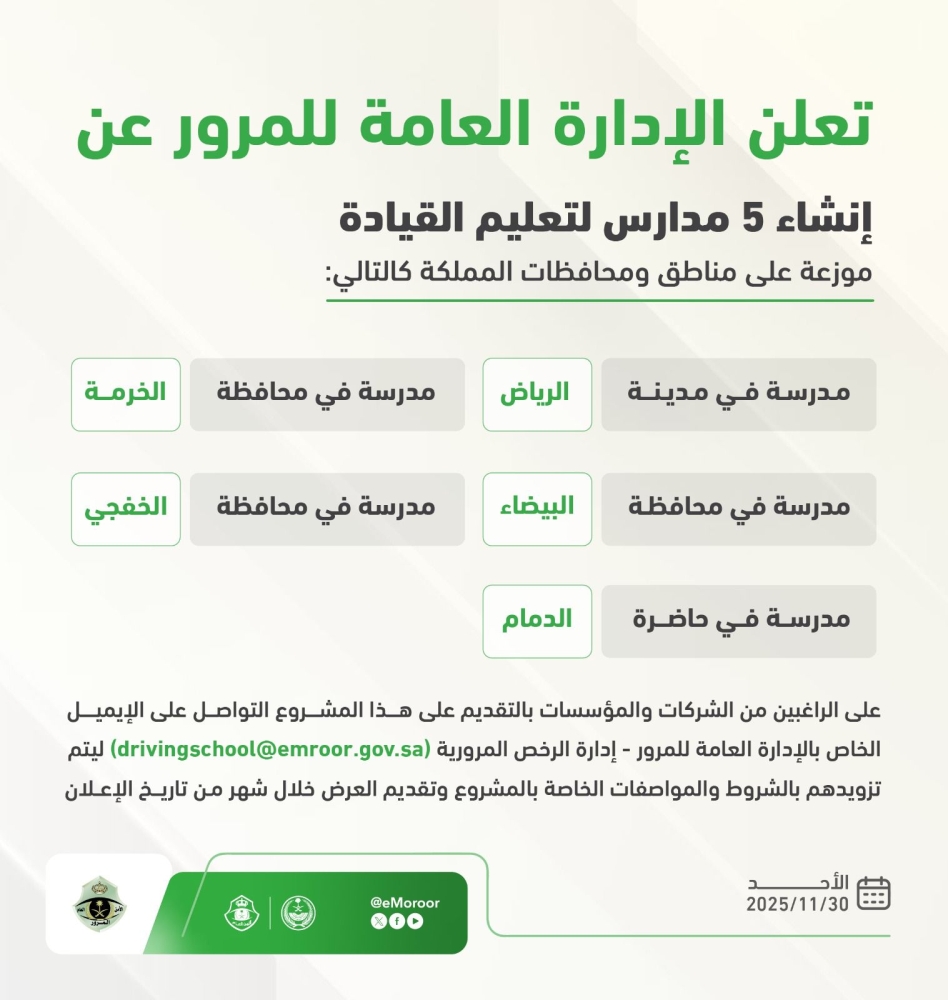 المرور السعودي: استقبال طلبات إنشاء (5) مدارس لتعليم القيادة مستمر حتى تاريخ 29/ 12/ 2025 م. 