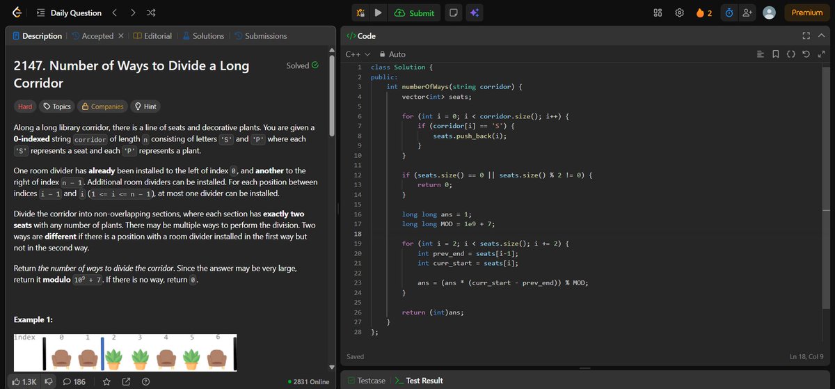 manviCodes's tweet image. ✅Day - 4 of #21DaysOfCode 
🔹#LeetCode PTOD 2147 No of ways to divide a long corridor
#buildinpublic #programming #connect #letsconnect