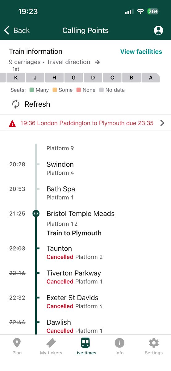 Hi <a href="/GWRHelp/">GWR</a> my partner has just landed in Bristol and due to get the 2125 last train to Plymouth, but it’s just been cancelled. What’s the options please?