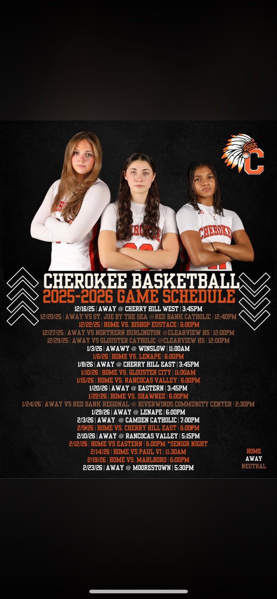 LadyChiefsBskt's tweet photo. Here is our schedule! First game Tuesday at Cherry Hill West!! @Cherokee_HS https://t.co/TRxzglMHt0