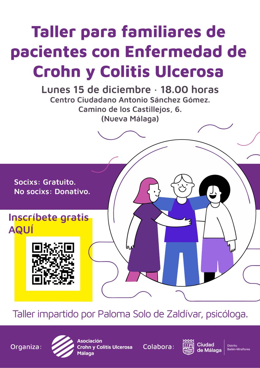 accumalaga's tweet photo. 📢Taller para familiares de pacientes con Enfermedad de Crohn y Colitis Ulcerosa
📆Mañana 15 de diciembre
🕡18:00h
📍Camino de los Castillejos, 6
Inscríbete gratuitamente aquí: https://t.co/Y7gmNLFc2e
¡Te esperamos!💜
#HaciendoACCU #VisibilidadEII #TallerFamiliares #ACCUMálaga https://t.co/NdcJGqSB0n