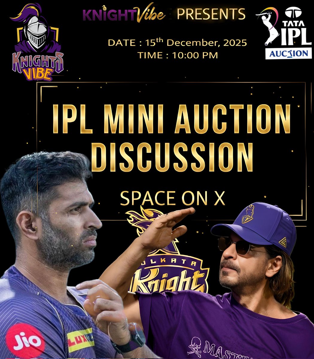 🚨IPL MINI AUCTION MINUS DAY ONE SPACE 🚨 Join us today at 10 PM for an  exclusive #IPL2026 Auction Space. 🕙Mark your time 📍 Twitter Spaces 💬 Be  ready to share your thoughts #AmiKKR #IPLAuction2025