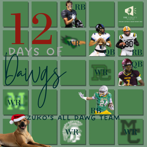 varsity_voices1's tweet image. It’s Day 3 in Zuko’s All-Dawg Team and today it’s all about the Wide Receivers — the big-play Dawgs who stretched defenses, made highlight grabs, and turned every route into a chance to shine! @quentinburrell7 @DarioMilivojev1 @CestoneJake @nicocastaldo55 @CelticsFootball