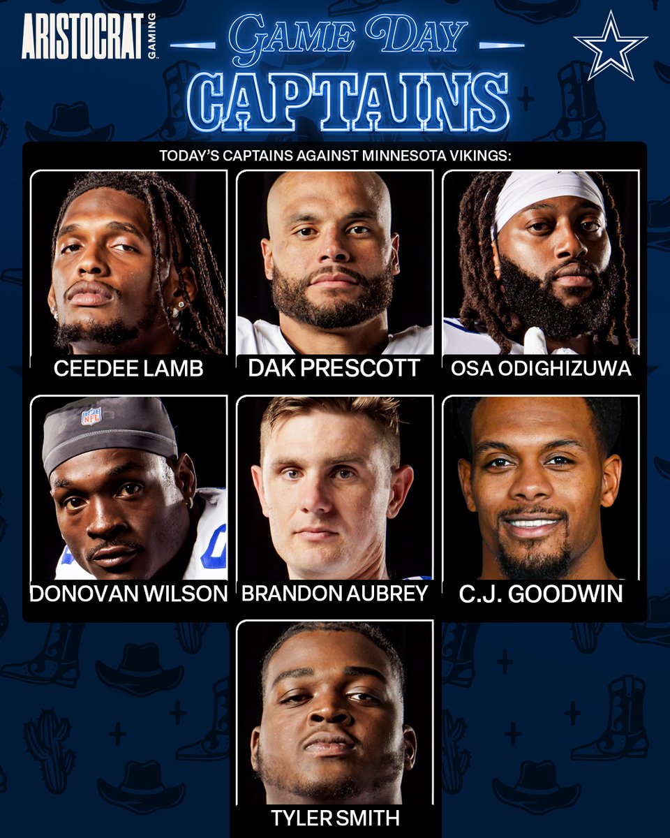 dallascowboys's tweet image. tonight's captains 🫡

🔄 Repost to #ProBowlVote 

@_CeeDeeThree 
@dak 
@Osagoeshard 
@donlwilson6 
@Brandon_Aubrey 
#CJGoodwin
@Tee_sizzle_
