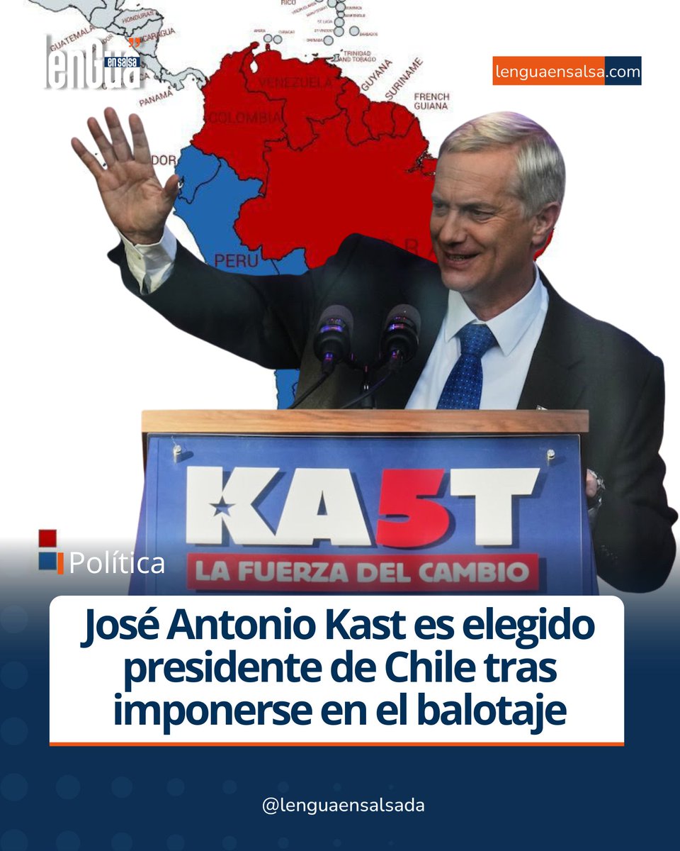 José Antonio Kast fue elegido presidente de Chile tras imponerse en el balotaje. Asumirá el cargo el 11 de marzo de 2026. Líderes internacionales como <a href="/SecRubio/">Secretary Marco Rubio</a>, <a href="/JMilei/">Javier Milei</a> y <a href="/Santi_ABASCAL/">Santiago Abascal 🇪🇸</a> reaccionaron al resultado electoral.