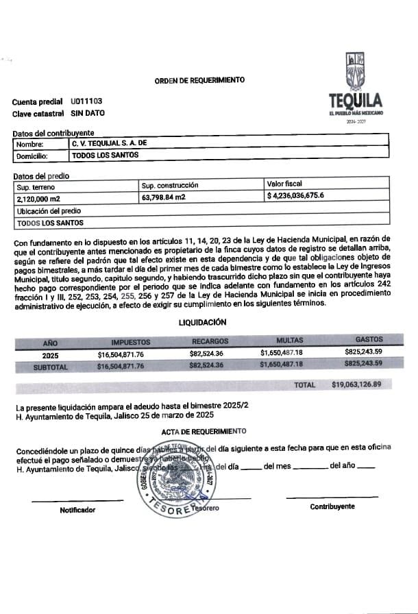 El alcalde de Tequila, Diego Rivera Navarro dijo que tomaría consecuencias legales contra mi persona por decir que le quiso hacer un cobro indebido de predial de 19 millones de pesos a una tequilera.

La documentación oficial mostrada por <a href="/MLopezSanMartin/">Manuel Lopez San Martin</a> respalda lo que dije.