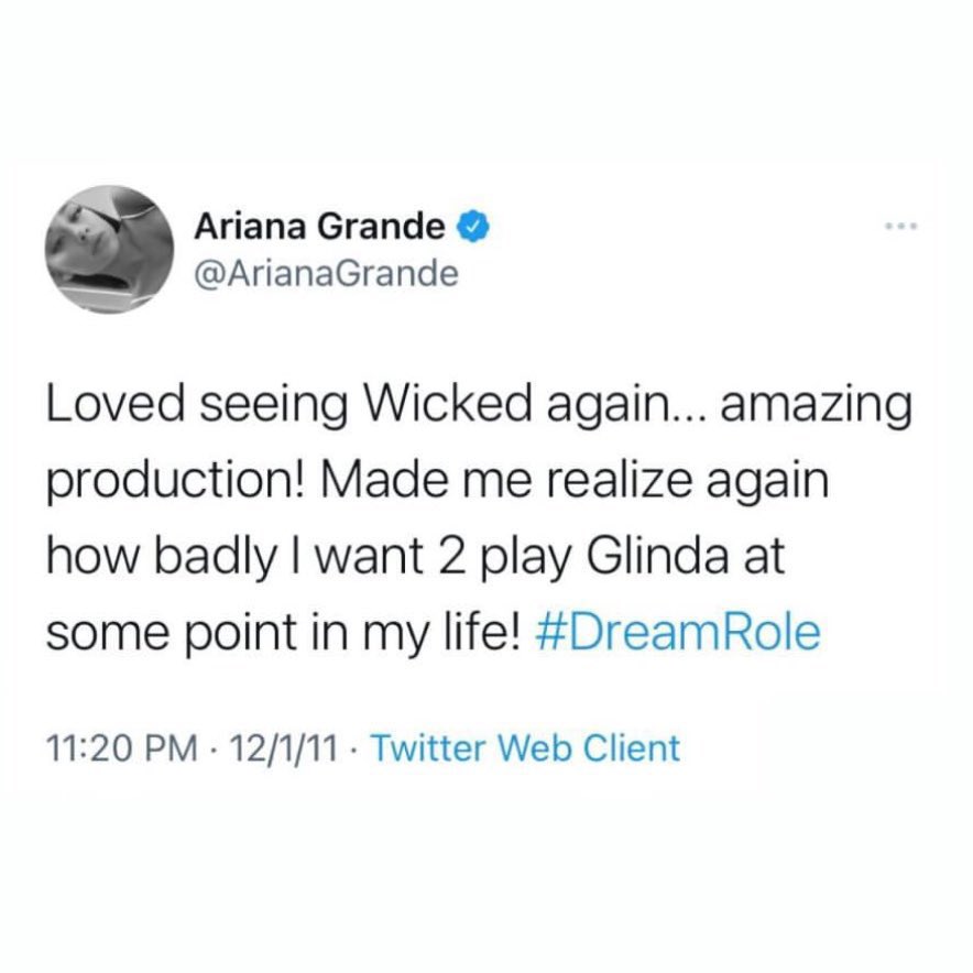 Fun Fact:

14 years ago this month, Ariana Grande tweeted that she wanted to play Glinda and it was her #DreamRole