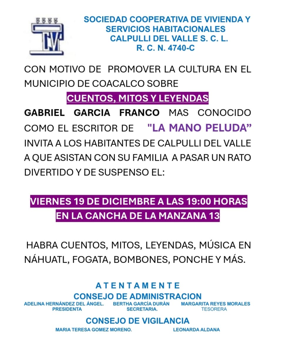 CalpullidValle's tweet photo. Cultura en Calpulli Del Valle 
@destacar 
Asiste con tu familia, amigos e invitados.
promovemos la sana convivencia dentro de nuestra Cooperativa.
Cuentos, mitos y leyendas.
@todos https://t.co/4KL1YrysoD