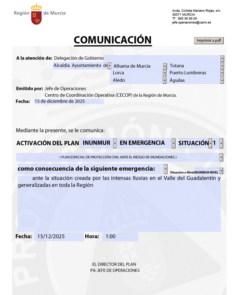 La Dirección General de Seguridad Ciudadana y Emergencias activa el PLAN INUMUR en EMERGENCIA SITUACIÓN 1.

🔴noticias.112rmurcia.es/?p=14207