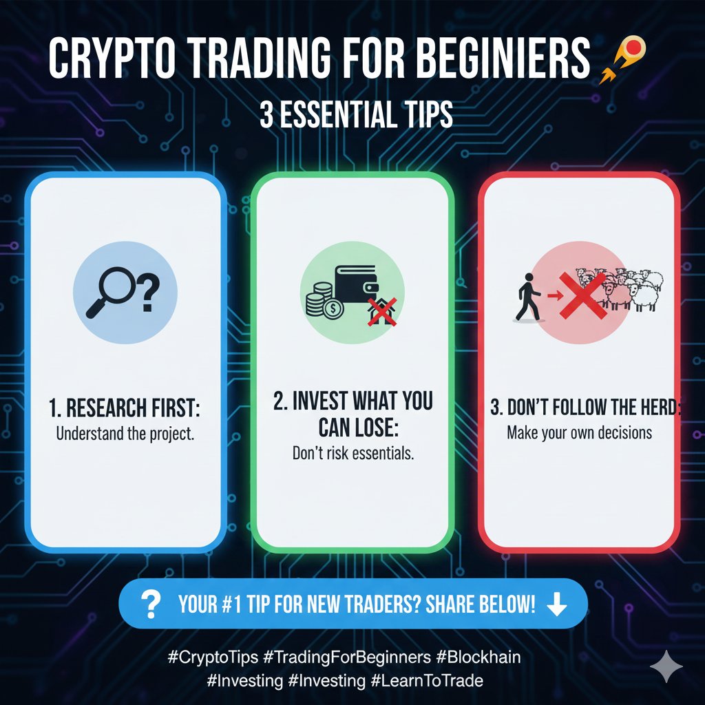 ابدأ رحلتك في العملات الرقمية بذكاء! 🚀

3 نصائح أساسية لكل مبتدئ:

ابحث أولاً: لا تشتري عملة قبل فهم مشروعها.

استثمر ما تستطيع خسارته: لا تخاطر بمالك الأساسي.

لا تتبع القطيع: اتخذ قراراتك بناءً على بحثك أنت.

ما هي أهم نصيحة لمبتدئ؟ 👇
#تداول_للمبتدئين  #CryptoTips #Blockchain