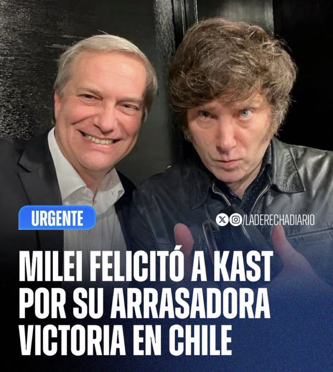 Felicitaciones, Presidente Kast !!
Años de batalla cultural han dado frutos: cada vez más ciudadanos comprenden que el Estado no debe decidir por las personas.
Estamos madurando como sociedad.
Gracias <a href="/JMilei/">Javier Milei</a> por despertar esa conciencia.
VLLC!!!