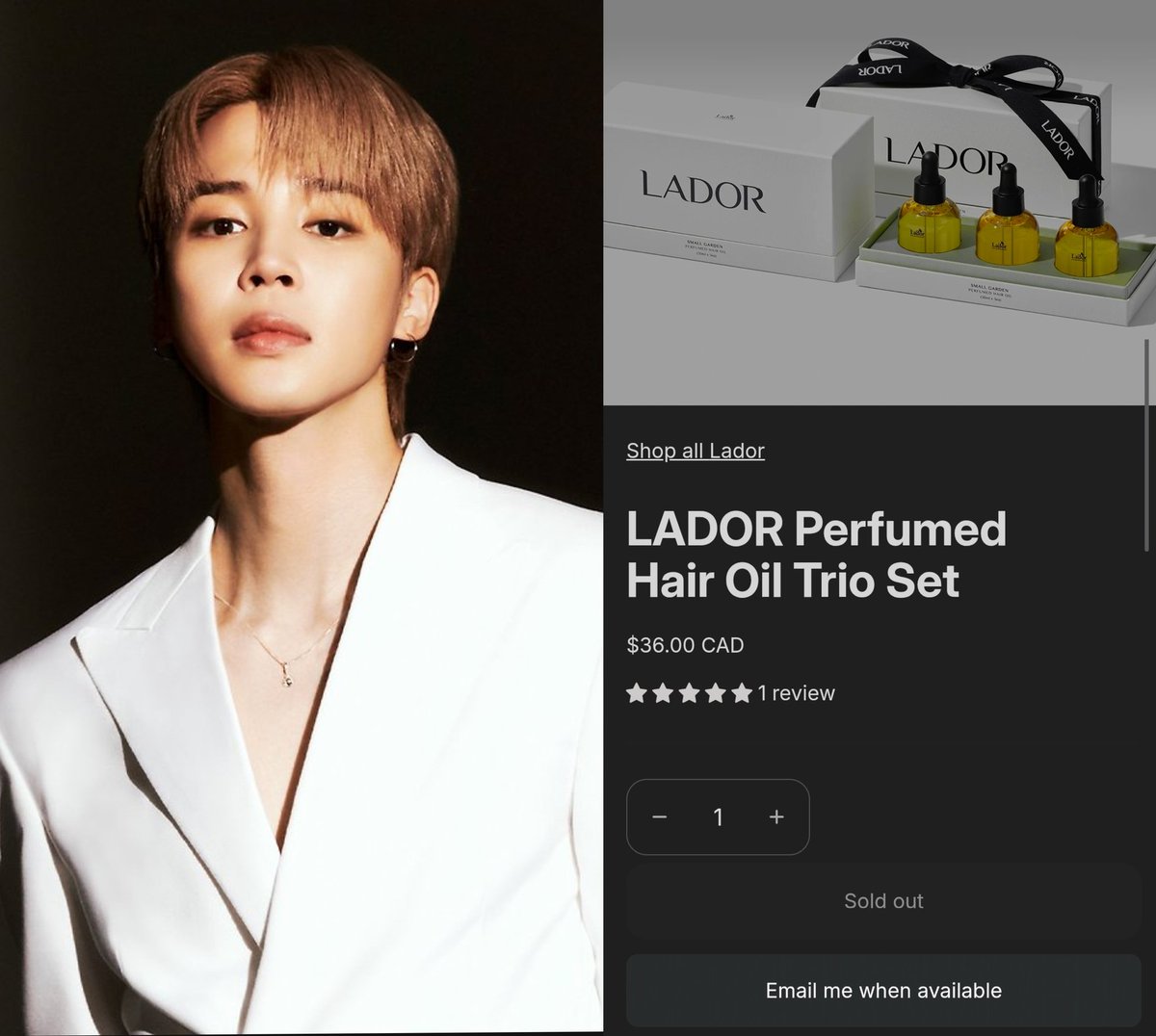 JiminGlobal's tweet photo. Following LADOR teasers featuring Jimin, LADOR Perfumed Hair Oil Trio Set had sold out in The K Shop, a retail chain known for authentic Korean personal care products in Canada. 🇨🇦 

#JIMINxLADOR
LADOR WITH JIMIN
LADOR GLOBAL AMBASSADOR JIMIN https://t.co/orgc7qglc5