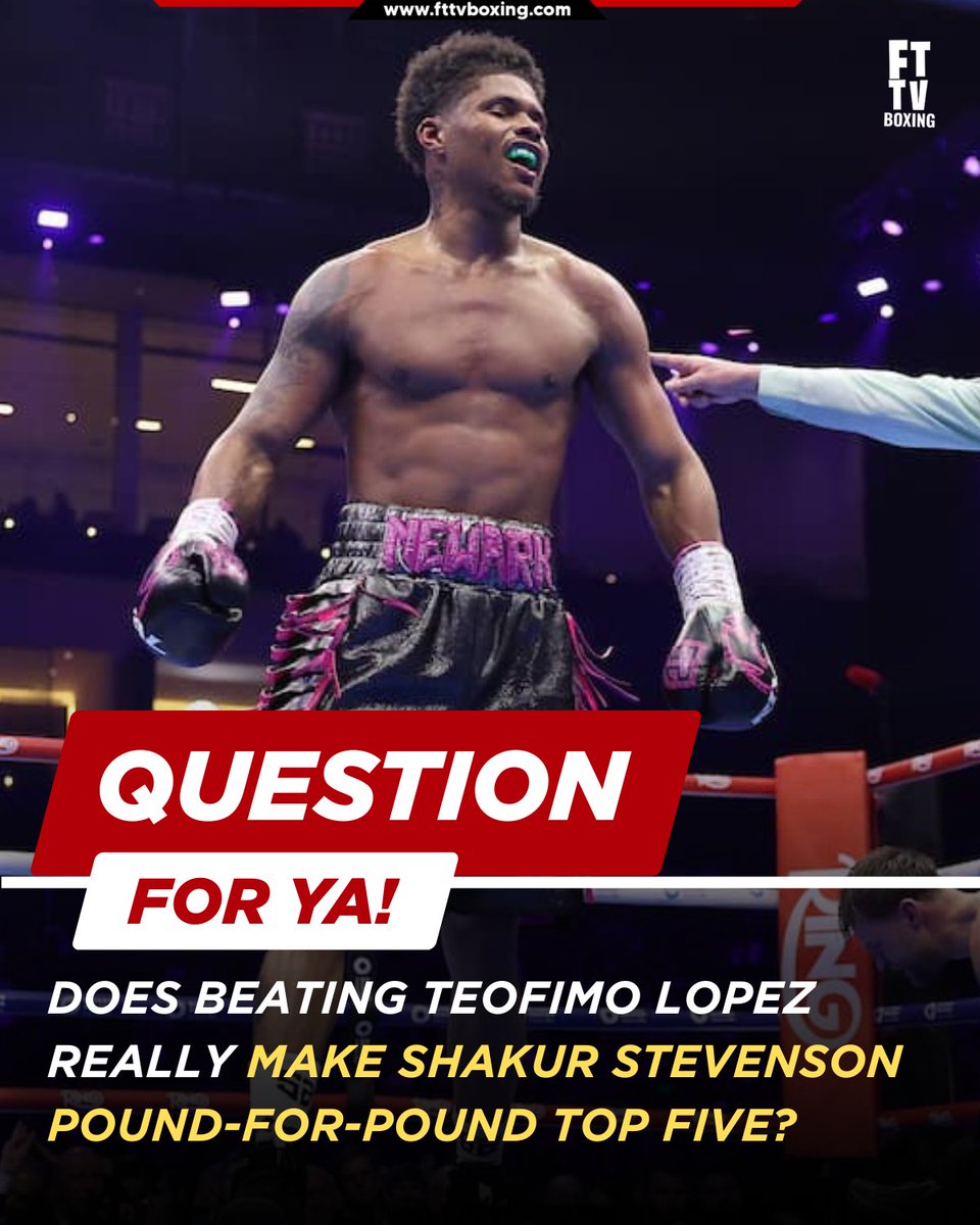 FTTVBoxing's tweet image. Shakur Stevenson says beating Teofimo Lopez should move him into the pound-for-pound top 5.

But Teofimo hasn’t looked the same at 140, and hasn’t faced the division’s top names.

Is that really a P4P marker?

#ShakurStevenson #TeofimoLopez #PoundForPound #BoxingDebate #140lbs