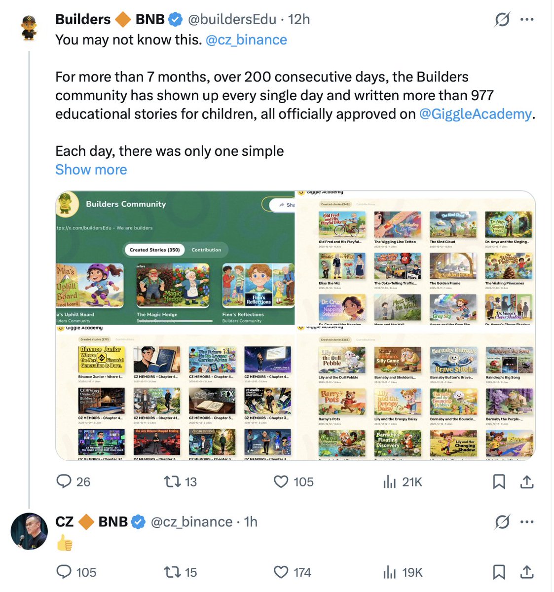 Sincere thanks to CZ <a href="/cz_binance/">CZ 🔶 BNB</a> <a href="/heyibinance/">Yi He</a> 

for acknowledging the Builders community’s small contributions to the education platform.

As of today, the Builders community has more than 977 educational stories officially approved on Giggle Academy.

We will continue to build