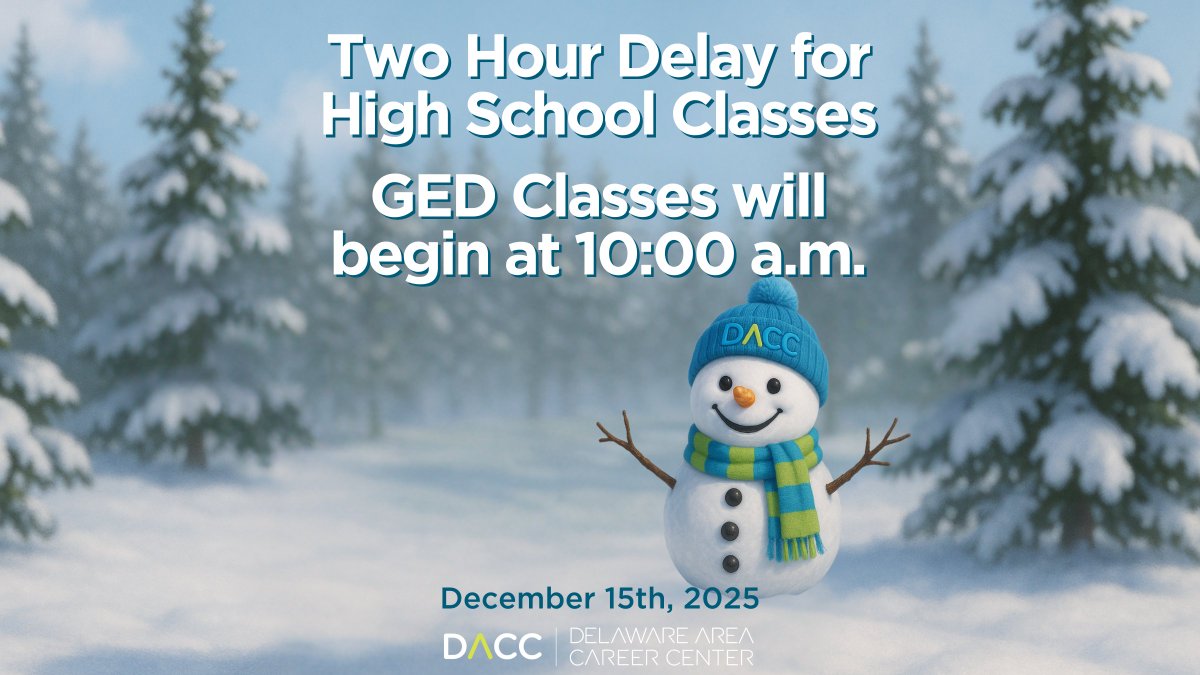 DelawareAreaCC's tweet photo. Due to inclement weather, Delaware Area Career Center high school classes will operate on a 2-hour delay tomorrow, Monday, December 15th. Morning labs will run from 9:50 am-11:49 am, &amp; afternoon labs will run from 12:21 pm-2:20 pm. Please use caution &amp; be safe when you do go out. https://t.co/fXrdzIB1hv