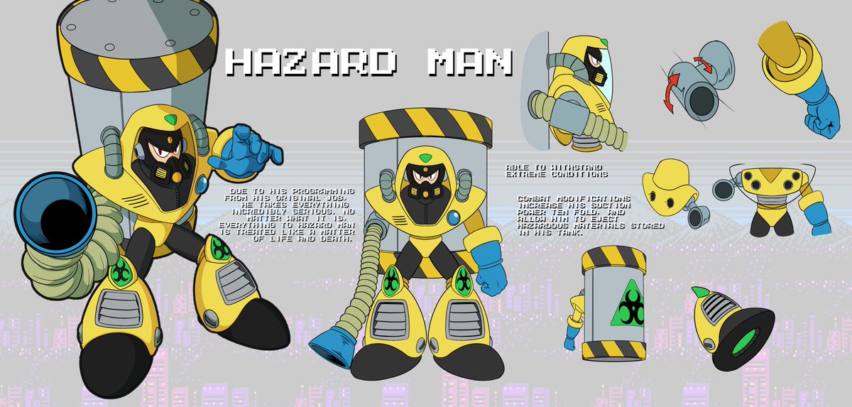 Baierworks's tweet photo. Robot Master Design: Hazard Man

Previously a hazardous materials cleanup and disposal robot before being converted for combat. Capable not only of powerful suction abilities, but containing all manner of deadly materials to spit back out.

#MegaManDO  #DesignARobotMaster https://t.co/p1UYWF33l3