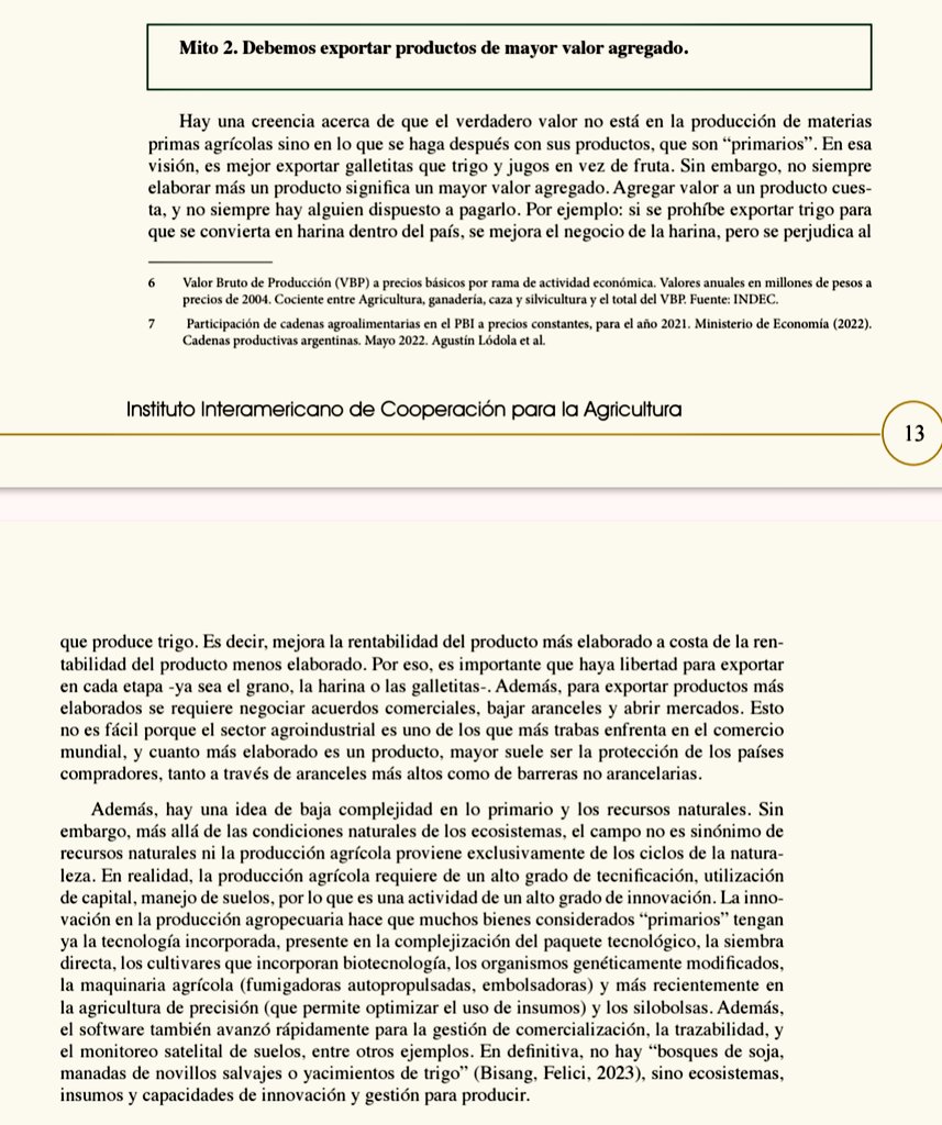 𝐌𝐢𝐭𝐨 𝟐. 𝐃𝐞𝐛𝐞𝐦𝐨𝐬 𝐞𝐱𝐩𝐨𝐫𝐭𝐚𝐫 𝐩𝐫𝐨𝐝𝐮𝐜𝐭𝐨𝐬 𝐝𝐞 𝐦𝐚𝐲𝐨𝐫 𝐯𝐚𝐥𝐨𝐫 𝐚𝐠𝐫𝐞𝐠𝐚𝐝𝐨.
Si se prohíbe exportar trigo para elaborar harina, mejora la rentabilidad de un producto a costa de otro. Libertad para exportar en cada etapa.
repositorio.iica.int/bitstreams/47c…