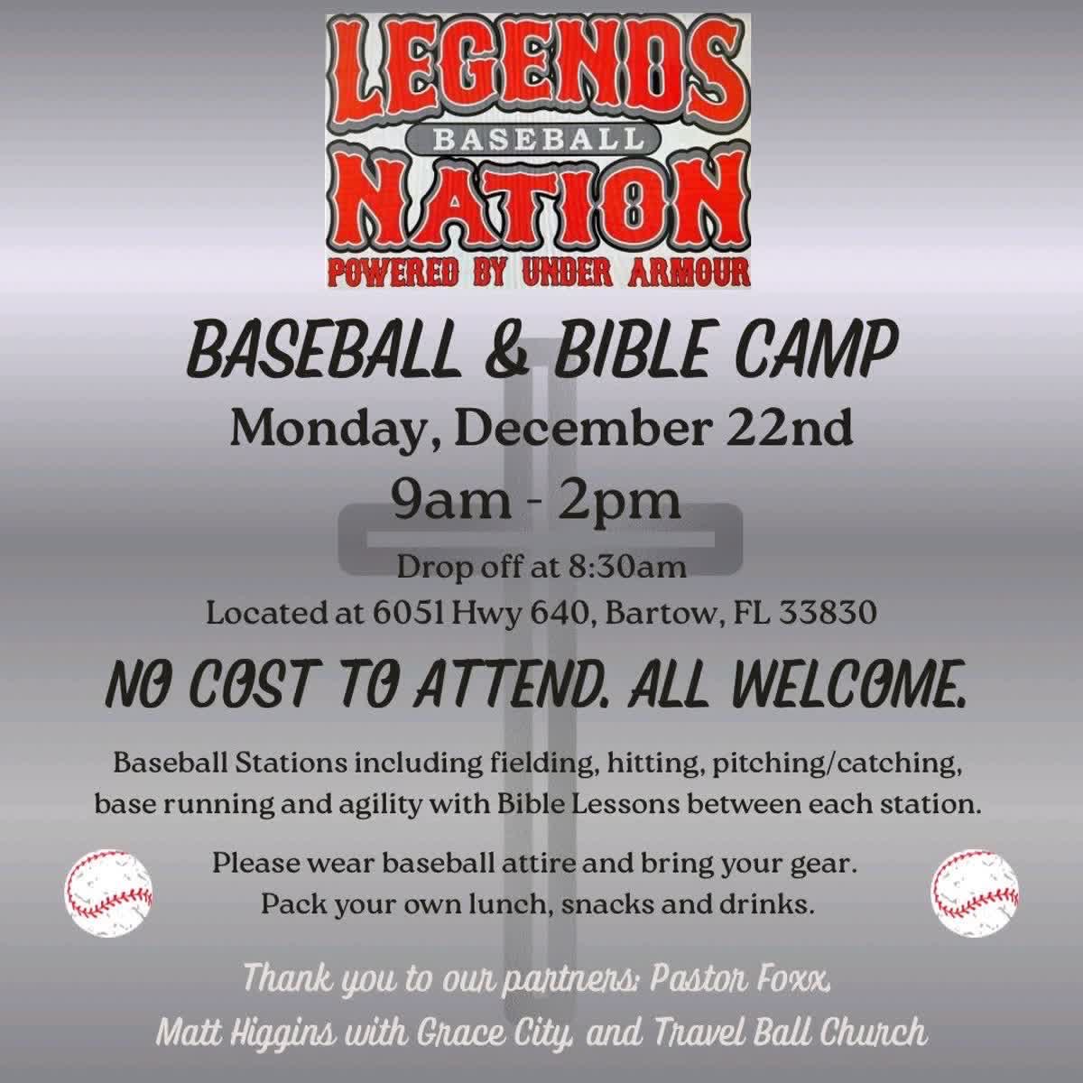 Legends Baseball FREE Bible Camp! Please sign up here ➡️ form.jotform.com/253448322222046