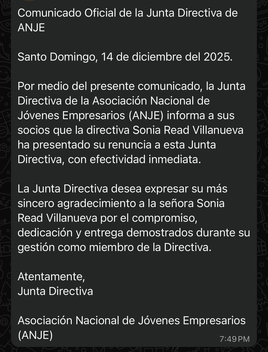 JEAlmanzarG's tweet photo. Renunció la hija de Eduardo Read a la junta directiva de ANJE…👇🏻 https://t.co/MERWv2r2lK