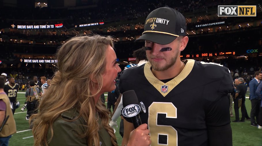 After the @Saints comeback win over the Panthers, New Orleans QB Tyler Shough talked with @sarahkustok.