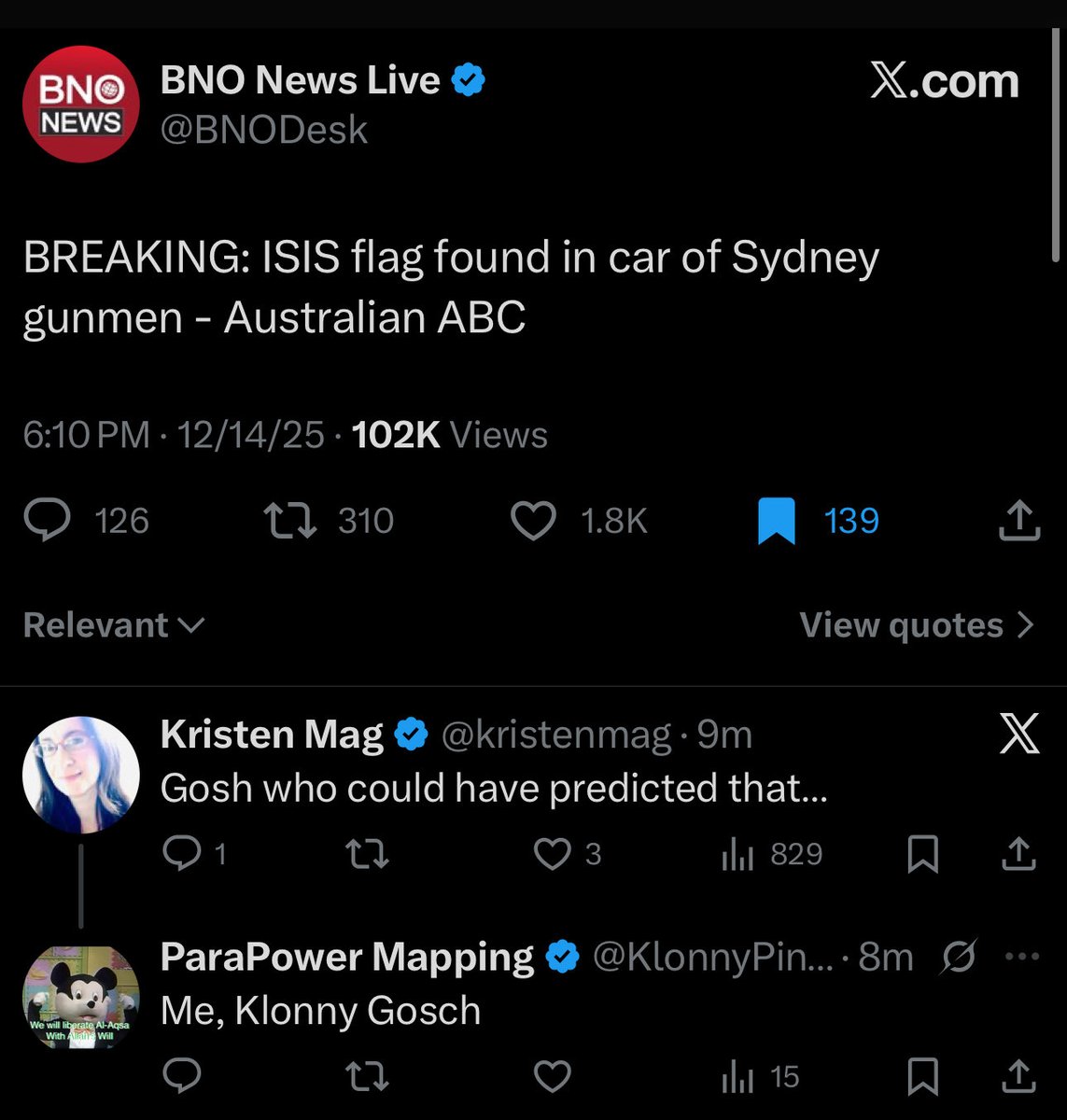 KlonnyPin_Gosch's tweet image. I hate being a broken record, but I told you this was the same AmerIsraeli Years of Lead playbook as the NYE NOLA &amp;amp; Vegas attacks… A mere 3 hrs later, the media reports “ISIS Flag found in Sydney gunmen’s vehicle”

It’s all so f’ing predictable