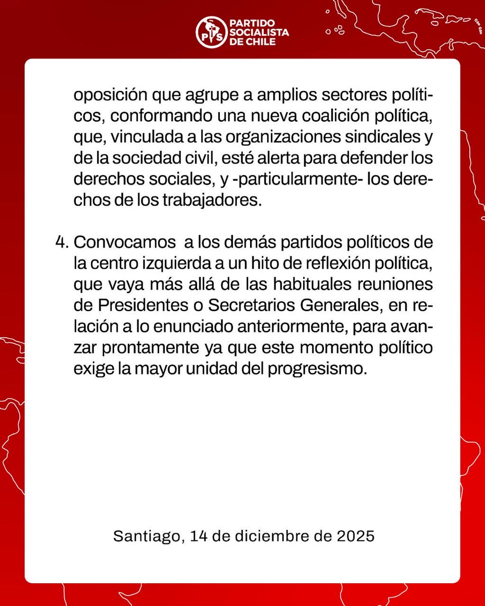 El Partido Socialista de Chile entrega la siguiente declaración pública, en la que evalúa el proceso político y electoral recientemente concluido, reconoce el compromiso y liderazgo desplegado durante la campaña, y reafirma su vocación democrática, convocando a la unidad del
