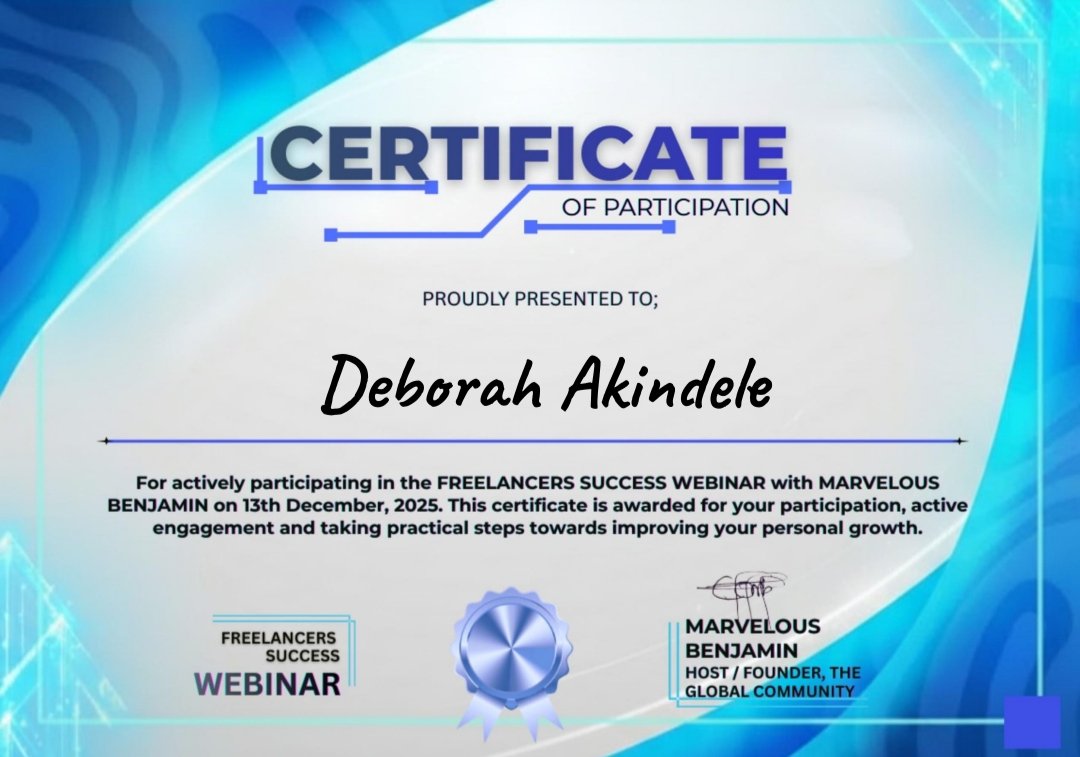 DeborahMiracl10's tweet photo. Freelancer Success webinar “From Invisible to Irresistible"
Thank you @theglobalmarvie for hosting such an insightful webinar and @WebDesignerDebs for connecting me to this opportunity. I learned a lot about positioning myself better as a freelancer. Truly grateful🙏 https://t.co/isdcP9Z7wE
