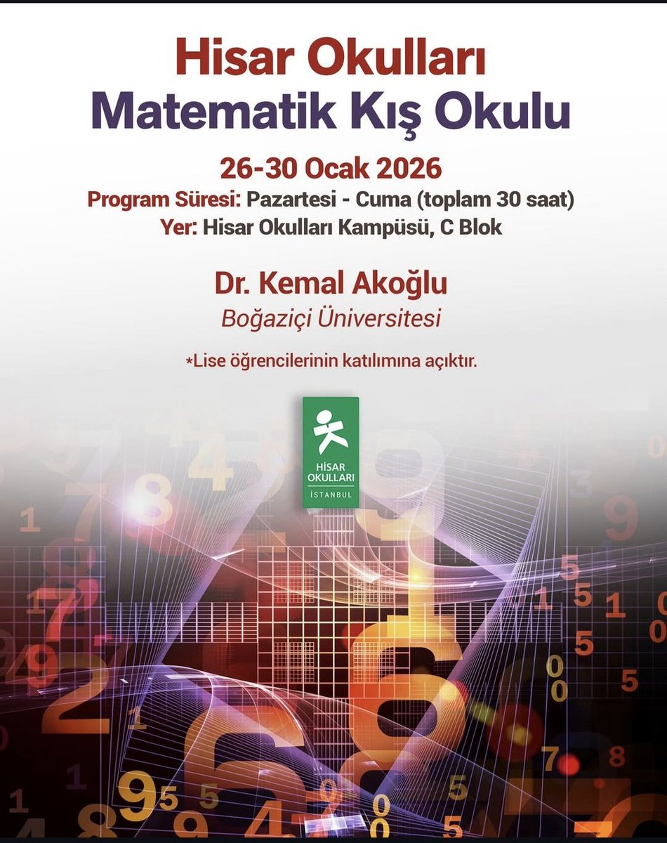Lise ögrencilerini veri bilimi ile tanıştırmayı, veri analizi ve  modelleme için gerekli temel becerileri geliştirmeyi hedefleyen Matematik Kış Okulu programı, veri analitiği ve dijital teknolojiler alanında uzman ögretim görevlisi  Dr Kemal Akoğlu tarafından  yürütülecektir.