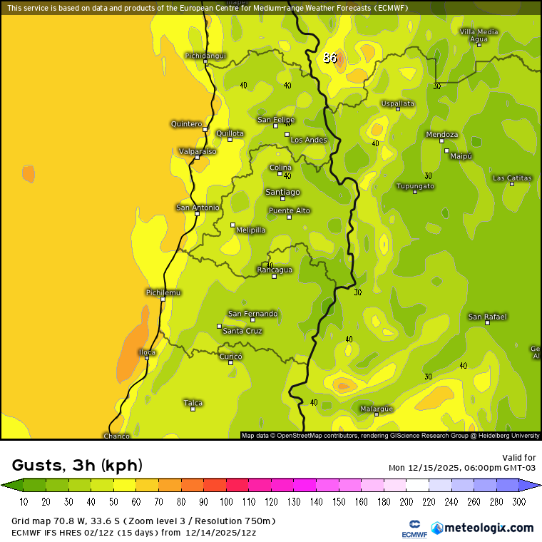 Aviso por #viento en Viña del Mar.
Este lunes 15 dic, según el ECMWF se esperan rachas de 67 km/h en la parte alta de #Valparaíso, con peak cerca de las 6 pm. El viento se mantendrá intenso entre 2 pm y 7 pm. 
Superaría a todos los surazos de 2025 y a los de nov 2024.
#ViñadelMar