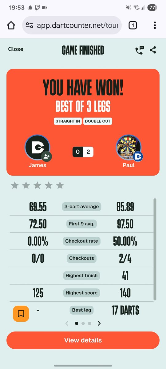 Cracking opening round in the <a href="/samsondoesdarts/">SamsonDoesDarts</a> tournament followed up by a round 2 win over the man himself with a 180! Then promptly sent packing in round 3 by a very good player. It was a pleasure having a game with Sam. His and Matt's youtube channels got me back into darts!