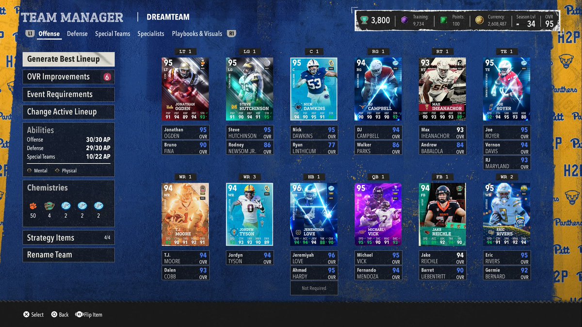 SyrupCFB's tweet photo. 12/14 Lineup Update

95 OVR

131-25 in Ranked

Abilities:
O: Gold Off Plat, Gold Shifty, Gold Takeoff
D: 2x Gold Blanket, 1x Silver Blanket, 1x Gold Housecall

Blue Chip Boosts:
2x RB, 2x LB, QB, CB, FS

Strat Cards: 
O: Epic Going Deep
D: Epic Personal Shadow
Team: Boise State https://t.co/K2BeaE1RBu