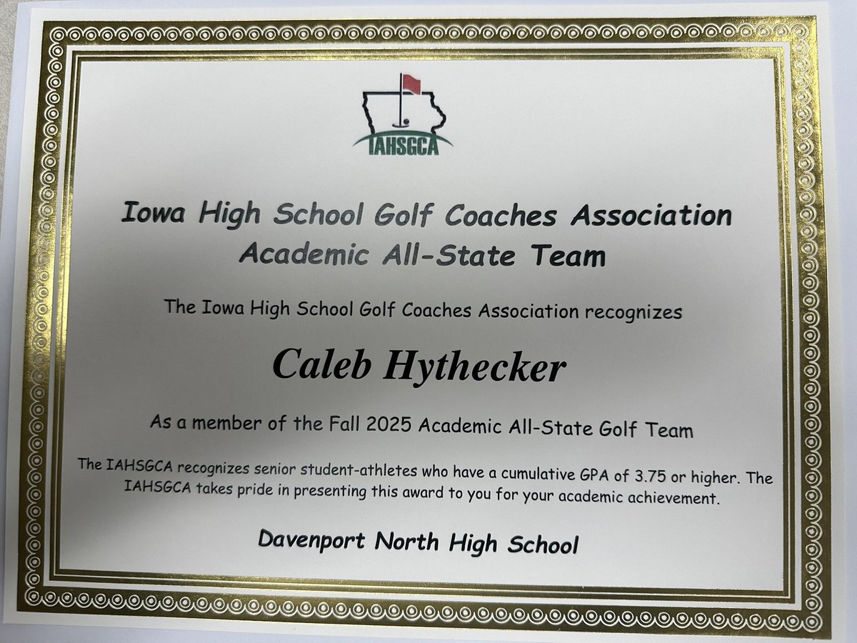 DavNorthGolf's tweet photo. Congratulations Caleb Hythecker on being named to the Academic All State Team by the Iowa High School Golf Coaches Association. https://t.co/aTKlqDZ8kF