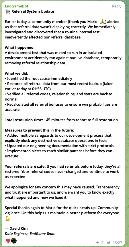 Message from David Kim (Data Engineer, EndGame)