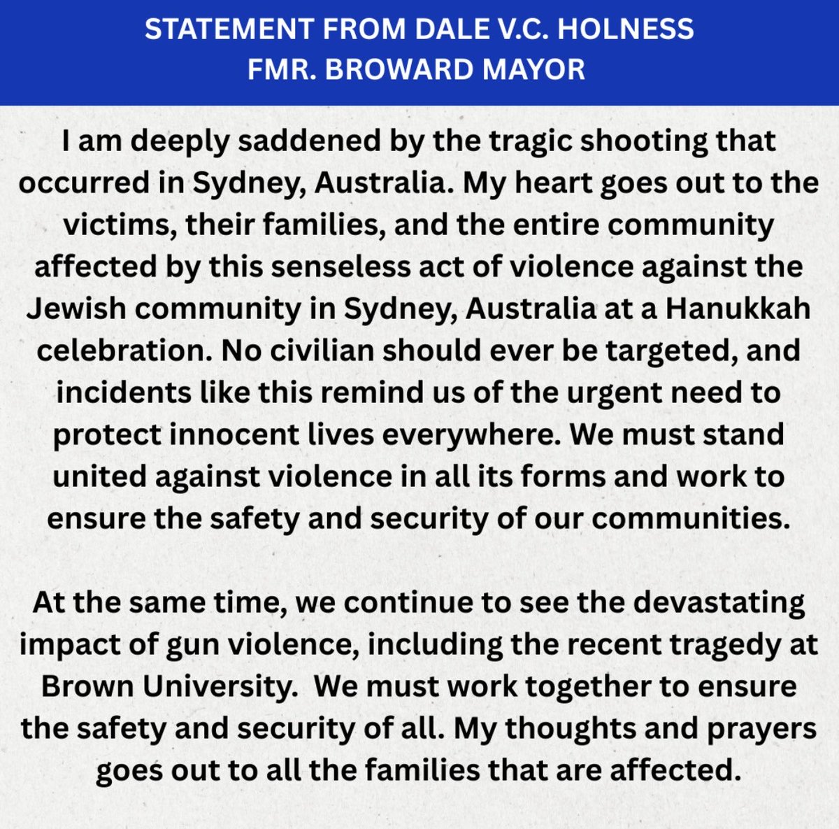 My heart goes out to the victims of the tragic shooting in Sydney and to those affected by the recent Brown University tragedy.