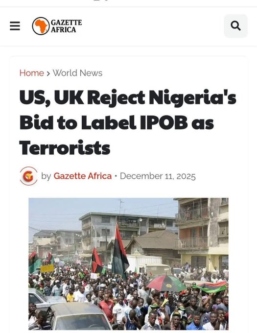 BloodedDutchMan's tweet photo. So, I took some time to look into the website "Gazette Africa" that’s reporting the news about the UK and US declining Nigeria’s request to proscribe IPOB. 

The website, https://t.co/DizAVfxhnL, was created on October 13, 2025. If you check the menu, it’s extremely bare and poorly designed. What really stood out, though, is that when you click on the "Contact" page, it leads to a 404 error. 

There’s no known address, and no social media handles either. It’s completely anonymous, which only raises more suspicion. It’s clear this site is set up to deceive, making it look like a legitimate news outlet when it’s just a front for spreading propaganda.

It’s just another fake website created by IPOB to spread falsehoods, trying to make it look like it’s coming from a trusted news source.